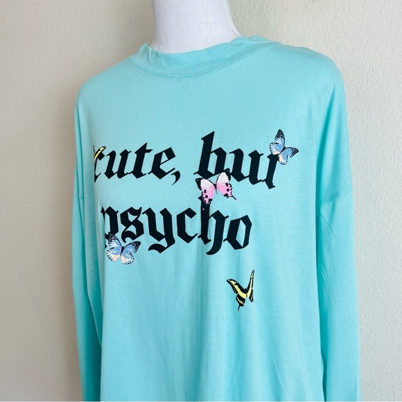 NWT Fashion Nova Mint Cute But Psycho Butterfly Long Sleeve Graphic T-Shirt - Picture 2 of 8